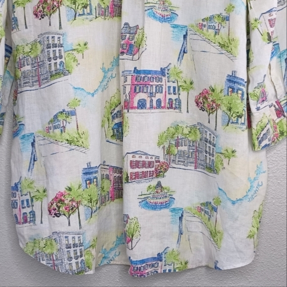 Chico's 100% Linen Novelty City Print Sz 3 Long Sleeve Button Down Front Blouse - Picture 7 of 15